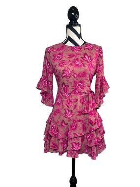 NWT Sundae Muse Christy Floral Crepe Open Back Ruffle Tiered Mini Dress Sz 6